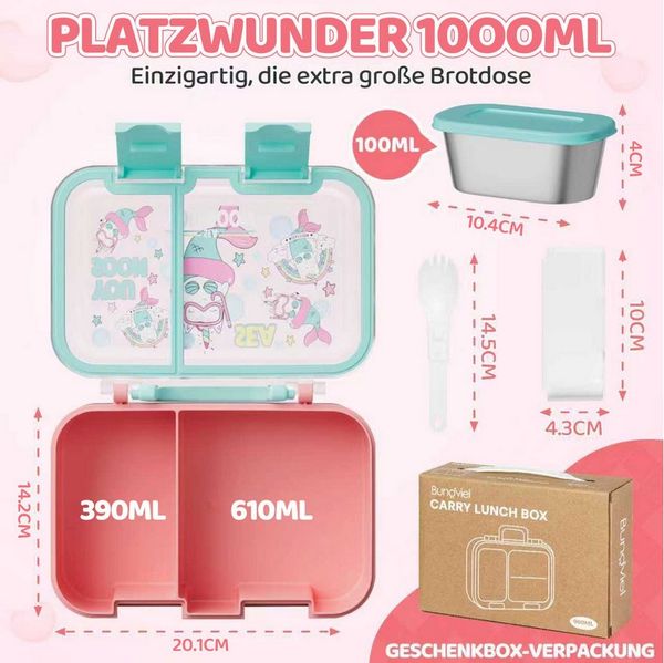 Bundviel Lunchbox Brotdose Kinder mit Fächern Bento Box Auslaufsicher Lunchbox, PP+ABS, (mit 100ml Edelstahl-Dippschale, Kindergarten und Schule - Mädchen und Jungen, Vesperbox, Snackbox)