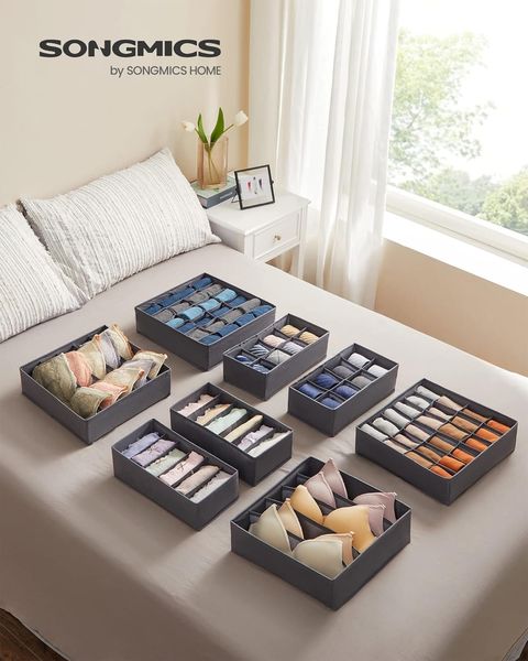 SONGMICS Unterwäsche-Organizer 8er Set, Schubladen-Organizer faltbar, Ordnungssystem Kleiderschrank, Aufbewahrungsbox Schrank, Stoffboxen Aufbewahrung, für BHs Socken Krawatten, Grau RUSDE08GY