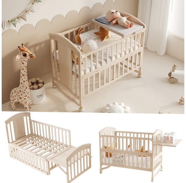 MODFU Babybett in Naturfarbe, 120-160x60x95 cm, Ideal als Beistellbett, ohne Matratze, 1-tlg, Inkl. Wickeltisch & Ablage, klappbar & verlängerbar(40cm)