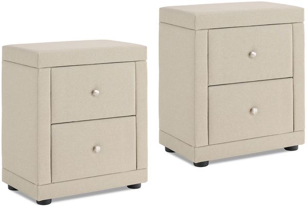 Nachtschrank 2er Set 2 Nachttische mit Schubladen Nachtkommode Beistelltisch Stoff Beige Schlafzimmer