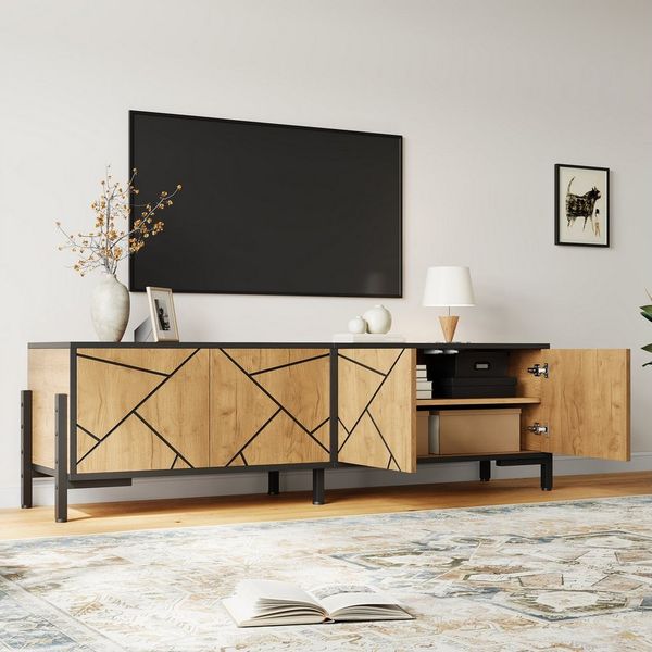 MODFU TV-Schrank Naturfarbener TV-Ständer 153 cm mit schwarzen Linien & 4 Türen (Packung, 1-St, Geometrisches Kontrastdesign, MDF-Material) Geeignet für TV um die 65 Zoll, praktisches Wohnzimmer-Kabinett