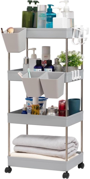 Aufbewahrungswagen Rollwagen 4 Ebenen Räder 3 Hängebechern Mehrzweck Grau