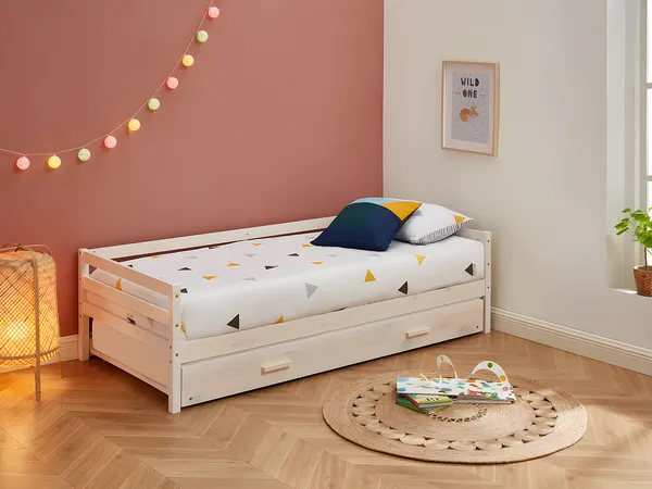 Vente-unique - AEDAN Bett Holz, PlatteHolz, Platte Weiß - B 96 cm x H 56 cm x L 199,7 cm