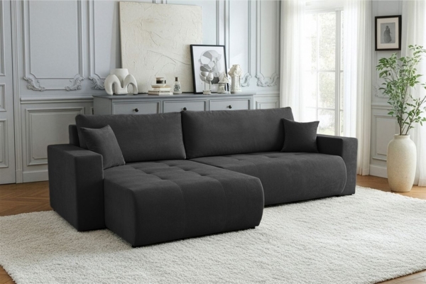Ecksofa Schlafsofa Sofa ARMARI in Stoff Wind Schwarz Ottomane Rechts