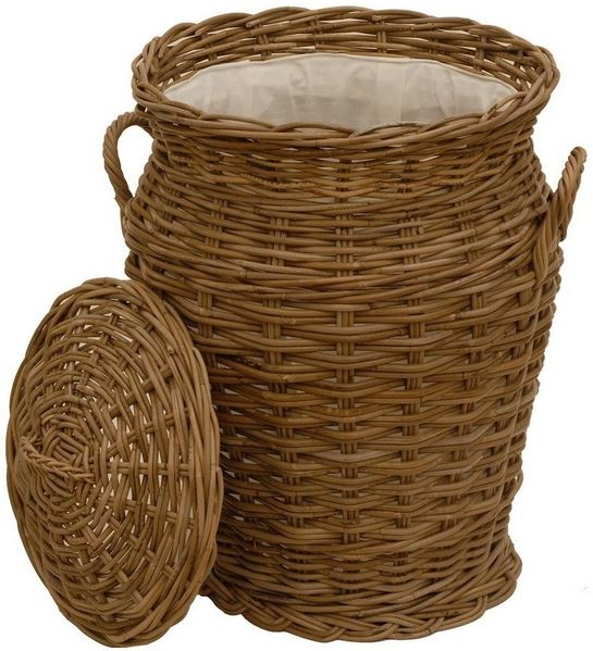 Krines Home Wäschetonne Wäschekorb Wäschetonne Wäschesammler Ø 50 cm aus echtem Rattan, rund mit Deckel und Inlett