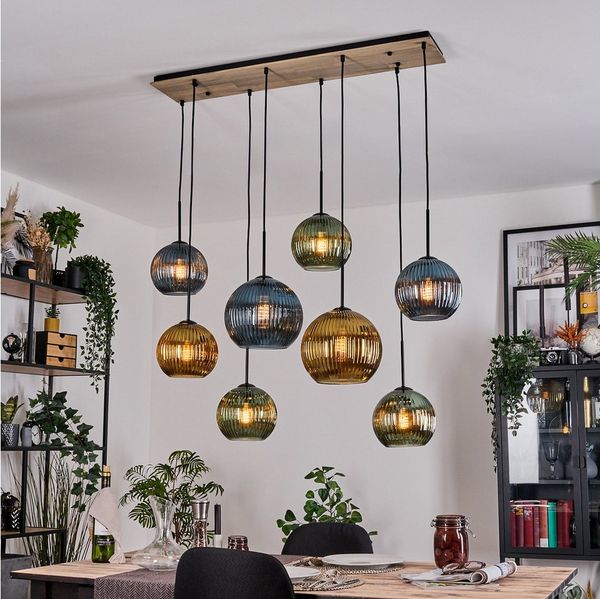 hofstein Hängeleuchte Hängelampe aus Metall/Holz/Riffelglas in Schwarz/Natur/Grün/Blau/Gold, ohne Leuchtmittel, Hängeleuchte im modernen Retro/Vintage-Design (20, 25 cm), 8 x E27
