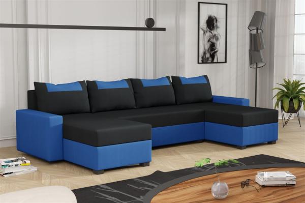 Wohnlandschaft Schlafsofa Sofa HEDVIG Stoff Manila Blau- Schwarz