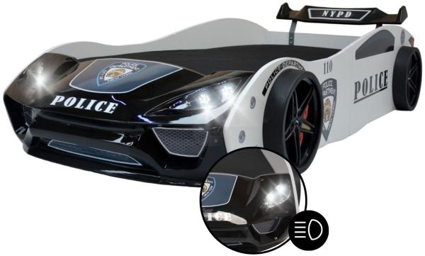 Autobett V2 POLICE Kinderbett 90x200 Schwarz/Weiß mit Spoiler LED-Licht und Lattenrost