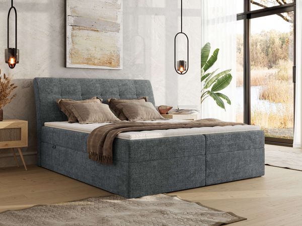 Boxspringbett DAGOS 180 x 200 cm mit Kopfteil, Lattenrost und Stauraum – Doppelbett mit Matratze & Topper T25 , stabile Konstruktion, Bettkasten, modernes Design - Grau Schenille grob gewebt - H4