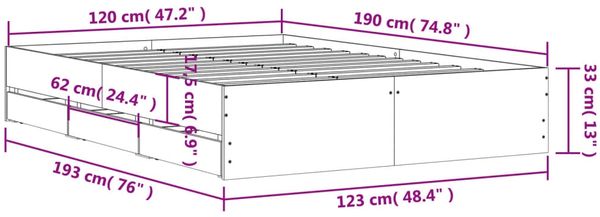 vidaXL Bettgestell mit Schubladen Räuchereiche 120x190cm Holzwerkstoff 3207319 Bild 11