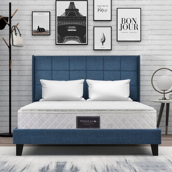 Polsterbett 140×200 cm aus Leinen-Stoff mit Lattenrost und Matratze, blau