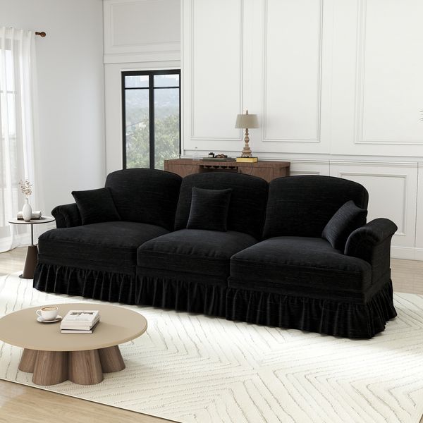 Flieks 3-Sitzer Sofa, Modular Sofa mit 3 Kissen, abnehmbarer Volant, Flared-Armlehnen & Holzbeinen, Chenille, Schwarz