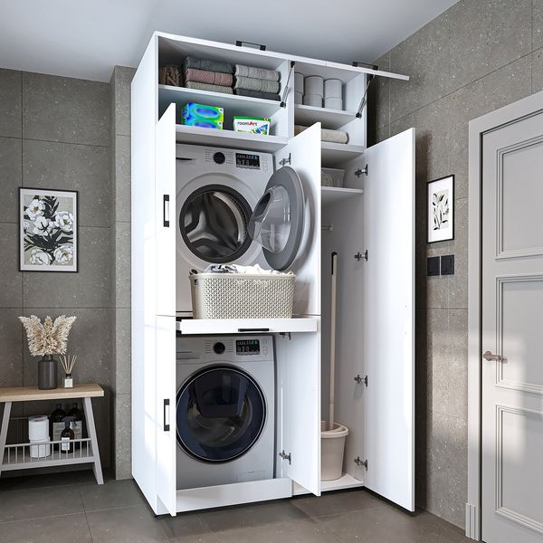 Roomart Waschmaschinenschrank - DORA-I- 115 cm breit - Wasch- & Trocknerschrank mit Türen & Ausziehbrett, Waschmaschinen-Überbau für Waschküche & Hauswirtschaftsraum • Weiß