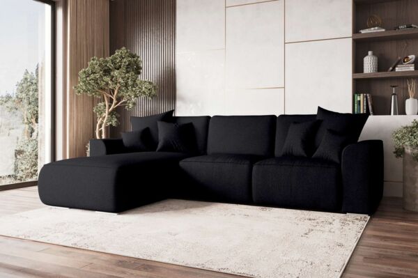 99rooms 'Gusto' Ecksofa, L-Form, mit abnehmbaren Kissen, Rundumbezug aus gepolstertem Strukturstoff 'NEVE', Schwarz, Ottomane Links, mit Schlaffunktion