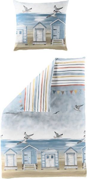 Bierbaum Seersucker Bettwäsche 155x220 Strandhaus Meer Möven blau 4083-20