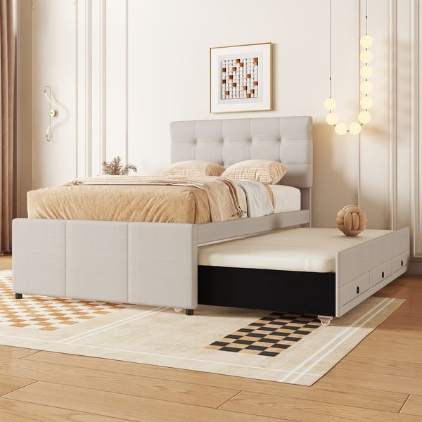 Polsterbett 90x200 cm mit Ausziehbett und drei Schubladen, höhenverstellbares Kopfteil, Leinenbezug, Beige