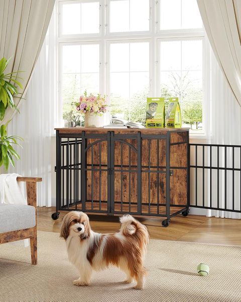 Hundekäfig Möbel mit 360°-Drehrädern, L Hundebox mit Schiebetür, Moderner Hundekäfig aus Holz für Kleine und Mittelgroße Hunde für den Innenbereich, Vintage-Braun