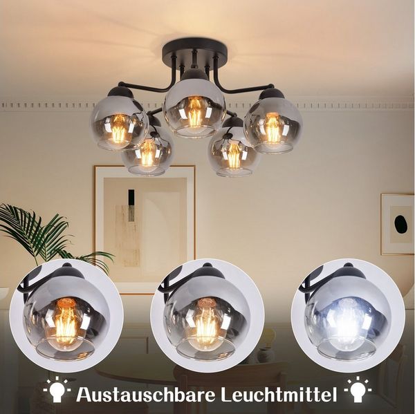 Nettlife Deckenleuchte Glas Schwarz Vintage 3/5 flammig E27 Industrial Flurlampe, LED wechselbar, Deckenlampe für Wohnzimmer Schlafzimmer
