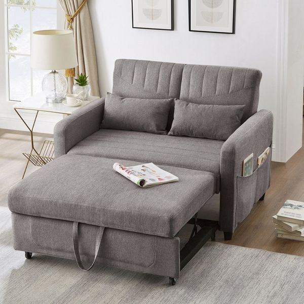 Merax Schlafsofa mit Schlaffunktion, Zweisitzer-Klappsofa, Baumwoll-Leinen-Stoff 1 Teile, Ausziehbares Sofabett mit 3-stufig verstellbarer Rückenlehne & Kissen