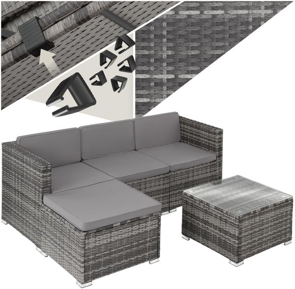 tectake® Poly Rattan Lounge, Outdoor Sitzgruppe, Set mit Sofa Sessel, Hocker, Tisch, frei kombinierbar, Sitzecke für 3-4 Personen, Möbel wetterfest für Garten Terrasse Balkon - grau