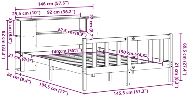vidaXL Massivholzbett mit Regal ohne Matratze 140x190 cm Kiefernholz 3321653 Bild 10
