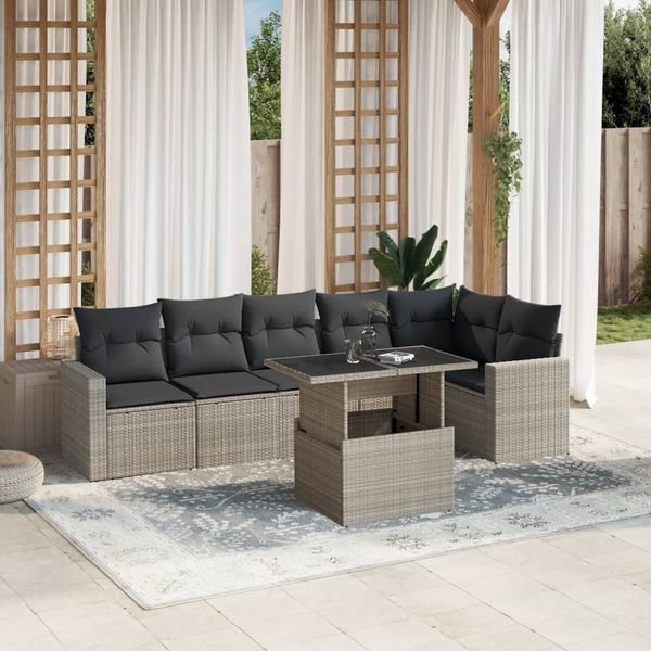 vidaXL 7-tlg. Garten-Sofagarnitur mit Kissen Hellgrau Poly Rattan 3267292