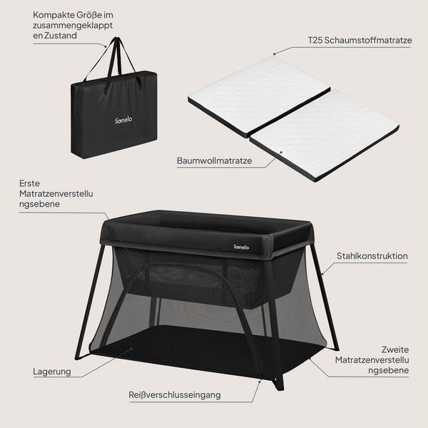 Lionelo Alice 3-in-1 Reisebett Laufgitter von 0 bis 15 kg Schaumstoffmatratze, 2 Höhenstufen, faltbar, klein, leicht, Seiteneinstieg, Reisetasche