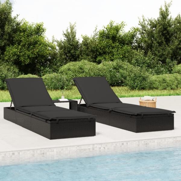 vidaXL Sonnenliegen 2 Stk. mit Tisch Schwarz Poly Rattan 319636