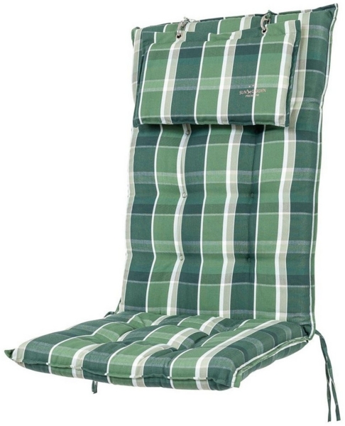 Sun Garden Hochlehnerauflage Hochlehner Sylt 10557-200 grün kariert 120x50x9 cm Sun Garden, (1 St), Halteband verstellbar mit Bindebändern