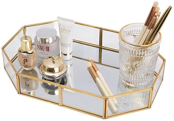 TUWENA Duschregal Verspiegeltes Tablett aus goldfarbenem Glas, Make-up Tablett