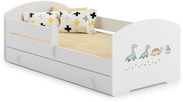 Kinderbett 160x80 cm mit Matratze und Schublade, Rausfallschutz & Lattenrost wahlweise im Dinosaurier oder Prinzessinnen Design Skandi Dino