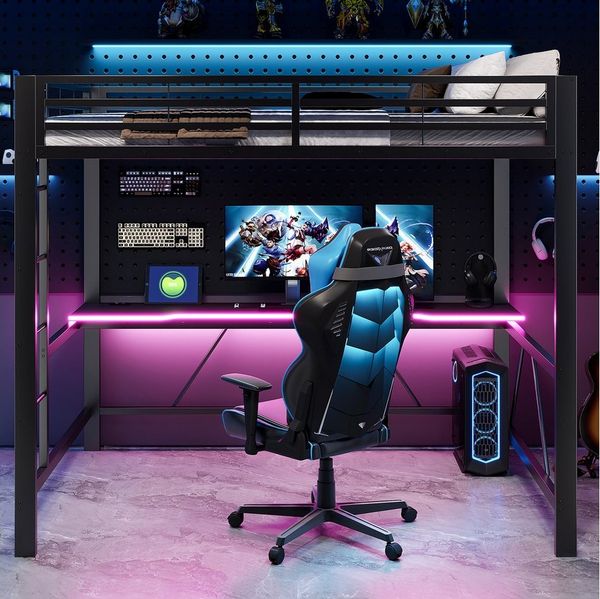 Flieks Hochbett Gamingbett Metallbett 140x200cm mit Schreibtisch und Ladefunktion