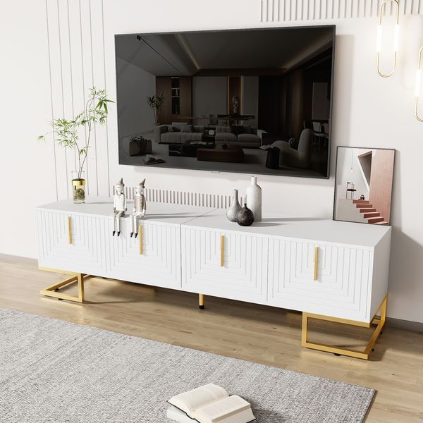 TV-Schrank 170x40x45,5 cm in Weiß mit goldenen Details, 4 Türen, verstellbaren Füßen und Soft-Close-Scharnieren
