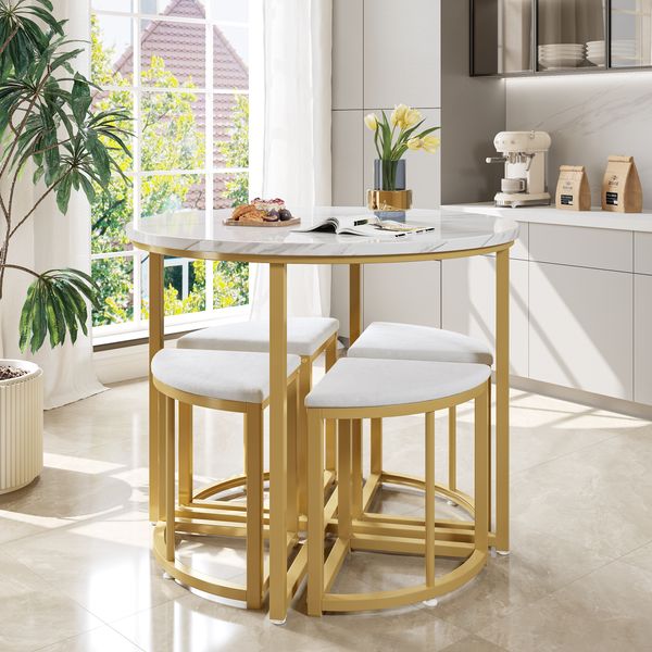 Esstischgruppe rund B 80 x T 80 x H 75 cm aus MDF/Metall in Weiß/Gold mit 4 Stühlen