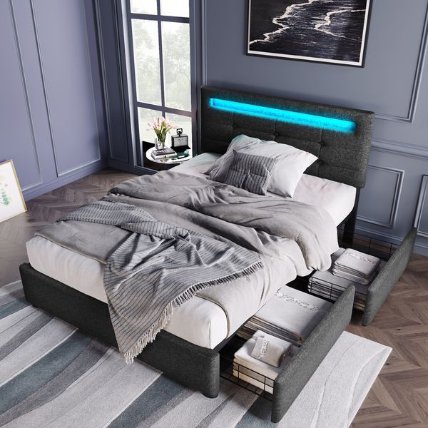 Bettgestell mit LED-Beleuchtung und 2 Schubladen, Einzelbett 90x200 cm, höhenverstellbarem Kopfteil und Lattenrost, Grau