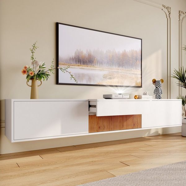 MODFU TV-Schrank Kompaktes Board für Wohnungen jeder Größe (Packung, 1-St, Mit einzigartiger Maserung und Doppelfunktion für Ihr Entertainment) 180 cm Breite, ausziehbare Projektorablage, Stauraum, Weiß