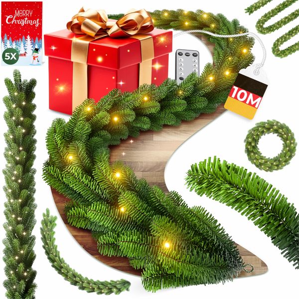 KESSER® Weihnachtsgirlande mit LED – 5 m oder 10 m, 100–200 LEDs, IP44, naturgrün, mit Schnee-Effekt je nach Modell, für Outdoor & Indoor, mit Fernbedienung & Weihnachtsdeko je nach Variante 10m / 200 LEDs inkl. FB / ohne Deko
