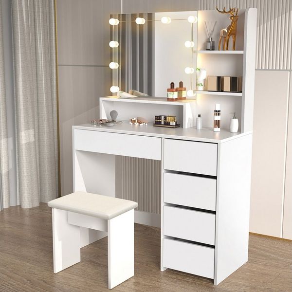 oyajia Schminktisch Schminktisch mit LED-Beleuchtung, Spiegel und Hocker, 94 x 40 x 140 cm (Frisiertisch Kosmetiktisch Hollywood, Set), für kleine bis mittelgroße Räume geeignet ist
