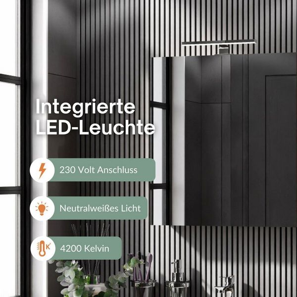 Planetmöbel Badezimmerspiegelschrank Spiegelschrank Merkur (Spiegelschrank Gäste WC 60x67x16 cm, Badschrank hängend mit Spiegel & LED-Leuchte schwarz) 60 cm breit, 2 Türen, 6 Fächer