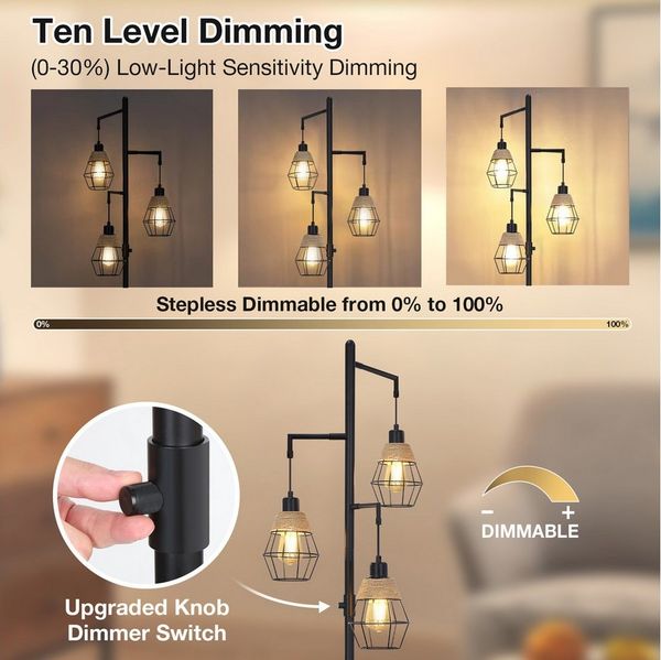 MUPOO Stehlampe Boho-Stehlampe mit 3 Glühbirnen,Industrielle Stehleuchte Wohnzimmer, LED wechselbar, Stufenlos Dimmbare,Industrial Design,für Schlafzimmer Büro Sofa Hotel