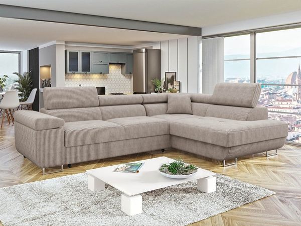 MIRJAN24 Ecksofa Torezio Cord, mit Bettkasten und Schlaffunktion, Einstellbare Kopfstützen, 274x203x70-90 cm