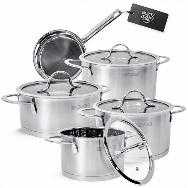 Moritz & Moritz Topf-Set Edelstahl Kochtopfset 9-teilig, 5 Kochtöpfe inkl. 4 Glasdeckel, Edelstahl (Set, 9-tlg, Set), für alle Herdarten