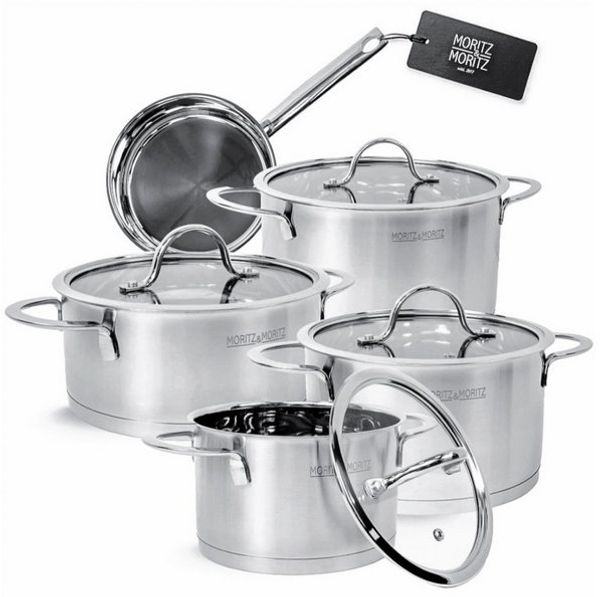 Moritz & Moritz Topf-Set Edelstahl Kochtopfset 9-teilig, 5 Kochtöpfe inkl. 4 Glasdeckel, Edelstahl (Set, 9-tlg, Set), für alle Herdarten