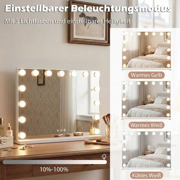 COSTWAY Schminkspiegel (1-St), Hollywood Spiegel mit Licht, 3 Lichtfarben, Einstellbarer Helligkeit
