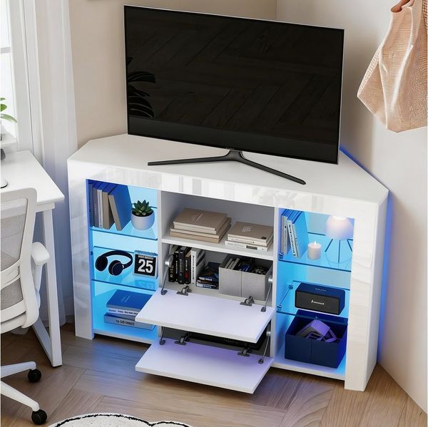 oyajia Lowboard TV Eckschrank Fernsehtisch Hochglanz mit LED-Beleuchtung 100 x 40 x 68 cm (mit 16 Led Farben Beleuchtung), TV-Schrank mit 2 Schränken & offenen Regalen