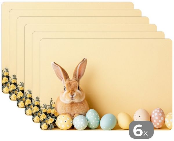 MuchoWow Platzset Eier - Kaninchen - Pastellfarbtöne - Ostern Deko, (6-St), Platzsets, Tischset, Abwaschbar, Tischsets, Platzdeckchen