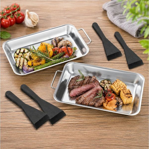 Haushalt International Grillschale Grilbehälter Grillpfanne Edelstahl 2tlg + 4 Schaber, Edelstahl, (Set, 6-St, Packung), 6tlg, Kunststoffschaber, 21 x 13 x 2 cm, Grillzubehör