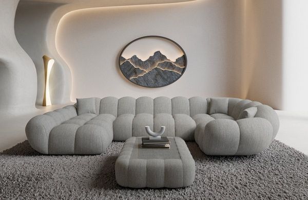 Sofa Dreams Wohnlandschaft Maleron U Form Design Stoffsofa, 6-Sitzer, Polsterecke, Ottomane links, Strukturstoff Hellgrau
