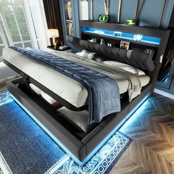 REDOM Polsterbett Bequeme Betten mit Stauraum und LED-Beleuchtung (Struraumbett, Funktionsbett, 140x200 cm, mit Matratze (H20cm), Grau), mit USB- und Typ-C-Anschlüssen, LED-Beleuchtung