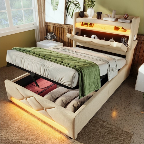 HAUSS SPOLE Polsterbett 90x200, Stauraum Kopfteil mit USB, Typ C-Port,LED-Licht Leinen Beige (Struraumbett, Funktionsbett, 90*200, Ohne Matratze), Stauraum Kopfteil mit USB und Typ C-Port, LED-Funktion